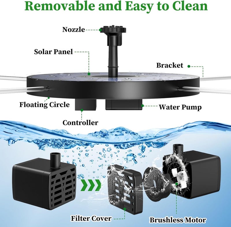 AISITIN 2.5W Solar Bird Bath Fountain Pump, Solar Fountain for Bird Bath with 6 Nozzles, 6.7" Solar Powered Water Pump for Garden, Ponds, Pool, Fish Tank, Aquarium and Outdoor - Image 4